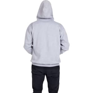 A grey men's kangaroo pocket hoodie viewed from the back, featuring a hood and casual fit.