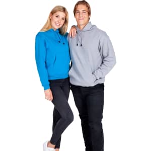 A blue women's hoodie with a kangaroo pocket and a grey men's hoodie, both featuring drawstring hoods.