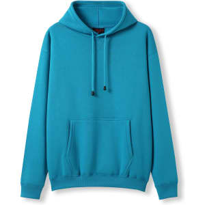 A turquoise men's hoodie featuring a kangaroo pocket and a drawstring hood, with a logo present.