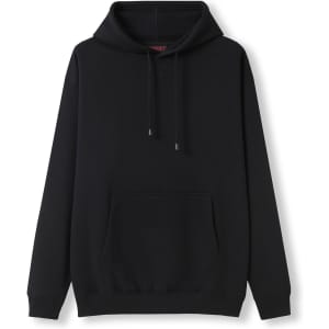 A black men's hoodie featuring a kangaroo pocket and drawstring hood, with a subtle logo on it.