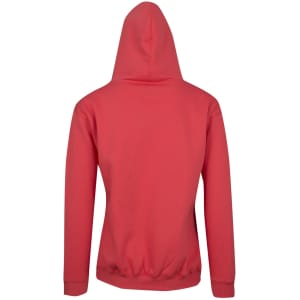 A red hoodie with a kangaroo pocket and a hood, featuring a plain design at the back.