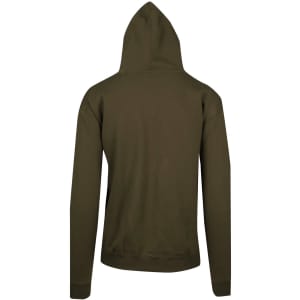 An olive green men's kangaroo pocket hoodie with a fitted design and a hood at the back.
