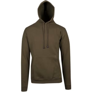 A men's kangaroo pocket hoodie in olive green with a front pocket and drawstring hood. It features a logo.