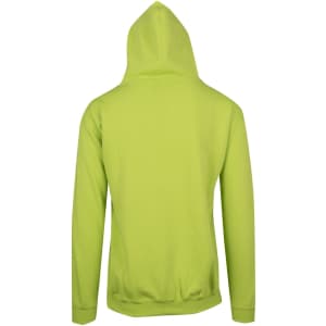 A vibrant green men's hoodie with a kangaroo pocket and a hood, viewed from the back. Features a brand logo.