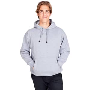 A grey men's hoodie with a kangaroo pocket and drawstring hood, featuring a logo on the front.