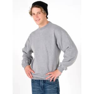 A grey poly cotton fleece jumper worn by a person, paired with a black beanie, featuring long sleeves.