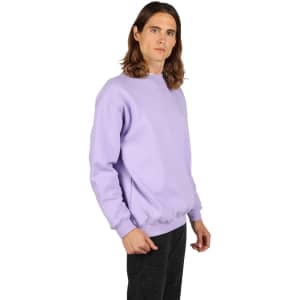 A lilac adult poly cotton fleece jumper with a crew neck and ribbed cuffs. It features a logo on the front.