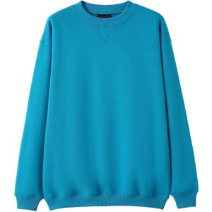 A turquoise adult poly cotton fleece jumper with a round neck and long sleeves. It has a branding logo.