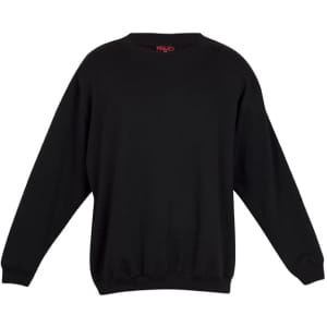 A black adult poly cotton fleece sloppy joe jumper with a relaxed fit and long sleeves. It features a logo on the collar.
