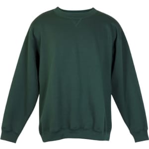 A green adult poly cotton fleece sloppy joe jumper featuring long sleeves and a round neckline.