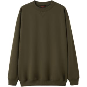 An olive green adult poly cotton fleece jumper with a crew neck and long sleeves. Features a logo on the inside.