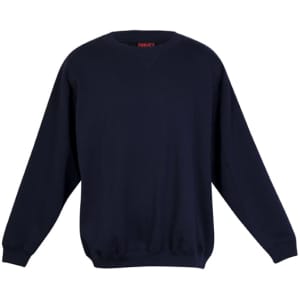 A navy blue adult poly cotton fleece jumper with long sleeves and a round neckline. Features a logo.