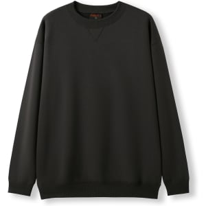 A black poly cotton fleece jumper with a crew neckline and long sleeves. Features a logo on the label.