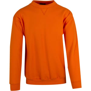 An orange adult poly cotton fleece jumper with a round neckline and long sleeves. It features a logo.