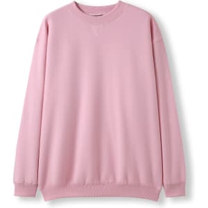 A pink adult poly cotton fleece sloppy joe jumper with a round neckline and long sleeves. It features a logo.