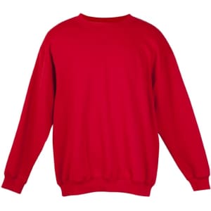 A red adult poly cotton fleece jumper with a round neckline and long sleeves, featuring a logo.