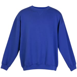 A blue adult poly cotton fleece jumper with a round neck and long sleeves. It features a simple design and has a logo.
