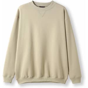A light khaki adult poly cotton fleece jumper with long sleeves and a crew neckline. It has a logo on it.