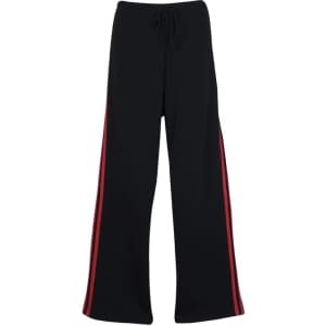 Black track pants with red stripes down the sides, featuring an elastic waistband and drawstring.