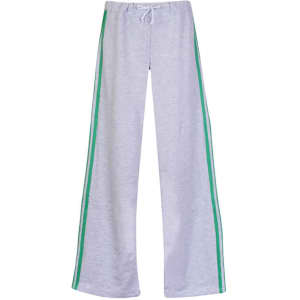Women's grey track pants with green stripes along the sides and a drawstring waist, featuring a logo.