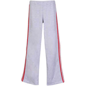 Light grey track pants featuring red side stripes and a loose fit. The pants have a logo on the waistband.