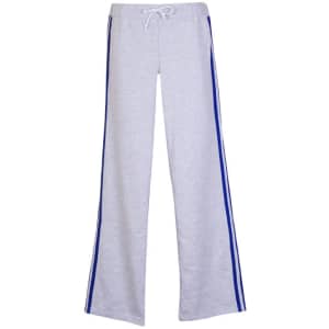 A pair of grey women's striped track pants with blue side stripes and a drawstring waist.