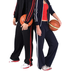 Womens striped track pants in navy with white stripes, paired with athletic footwear and basketballs.