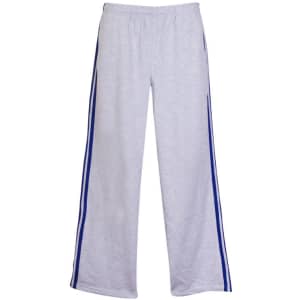 Grey track pants featuring blue stripes down the sides, with an elastic waistband and a loose fit.