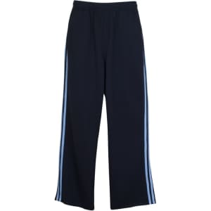 Mens striped track pants in navy with light blue stripes along the sides. Features an elastic waistband and a logo.