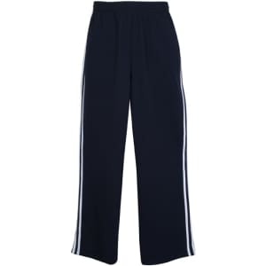 Striped track pants in navy blue with white stripes along the sides. Elastic waistband included.