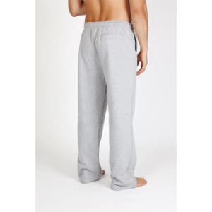Grey men's fleece track pants featuring an elastic waistband and a back pocket, with a small logo on the side.