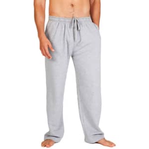 Grey men's fleece track pants with an elastic waistband and pockets, featuring a logo.