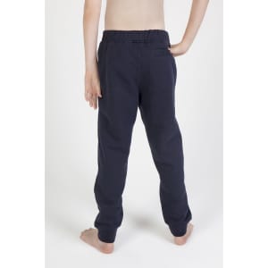 Navy track pants with an elastic waistband and a back pocket, shown from the back on a bare-footed child.