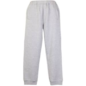 Grey junior track pants with an elastic waist and tapered cuffs, featuring side pockets and a logo.
