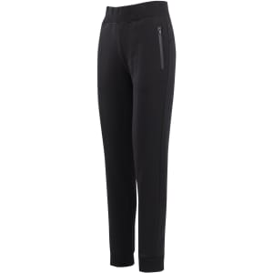 Black brushed fleece track pants with a fitted style and zippered side pocket. Features a logo on the waistband.