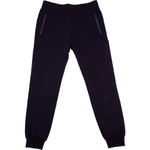 Brushed fleece track pants in black with zip pockets, featuring a fitted ankle design.