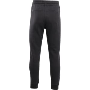 Black brushed fleece track pants with a tapered fit and elastic waistband, featuring a branding logo.