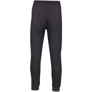 Men's track pants in a dark grey, brushed fleece material, featuring an elastic waistband and fitted cuffs. Has a logo.
