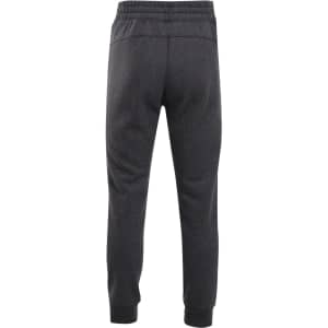 Brushed fleece track pants in dark grey, featuring an elastic waistband and cuffed ankles. Includes branding.