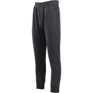 Brushed fleece track pants in dark grey with an elastic waistband and pockets, featuring a logo.