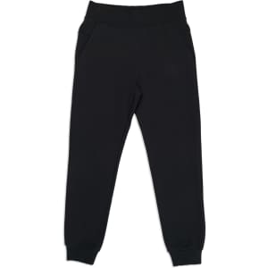 A pair of women's black track pants with a high waistband and side pockets. Features a smooth, practical design.