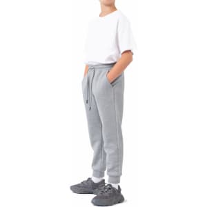 Grey three-layer cotton track pants with an elastic waistband, featuring side pockets and a casual fit.