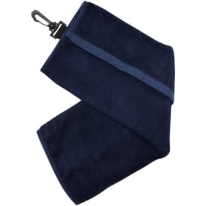 A navy bamboo golf towel featuring a plastic hook for easy attachment. The towel has a textured strip along one edge.