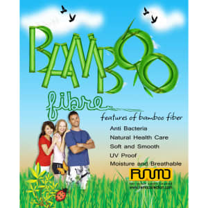 A vibrant promotional image featuring three people with green bamboo-themed text, highlighting bamboo fibre's benefits.