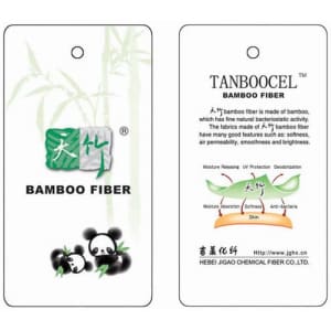 A tag featuring bamboo fibre details with a panda design, predominantly green and white, showcasing product benefits.