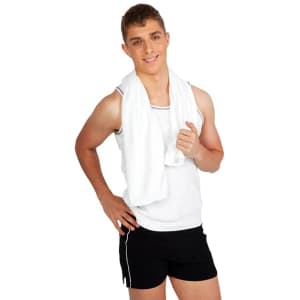 A fitness towel in white draped over the shoulder of a young man wearing a sleeveless top and shorts.