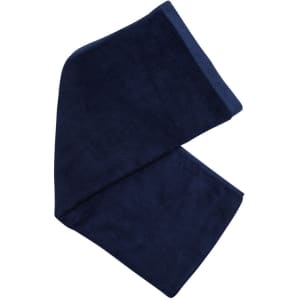 A navy bamboo fitness towel with a textured border, featuring a logo. Suitable for leisure and outdoor activities.