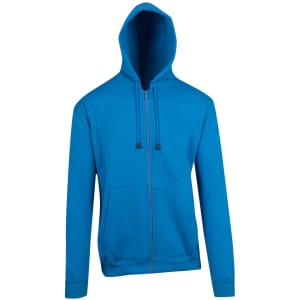 A vibrant blue men's zip hoodie with a front pocket and a hood, displaying a clean design.