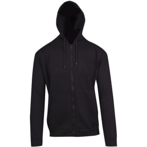 A black zip hoodie featuring a front pocket and drawstring hood, with a logo on the chest.