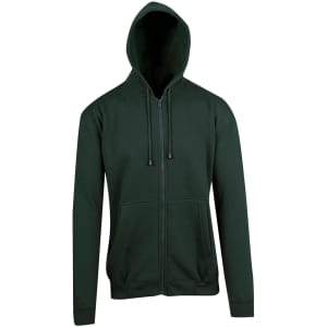 A green men's zip hoodie with a front pocket and a hood. It features a zip closure and long sleeves.